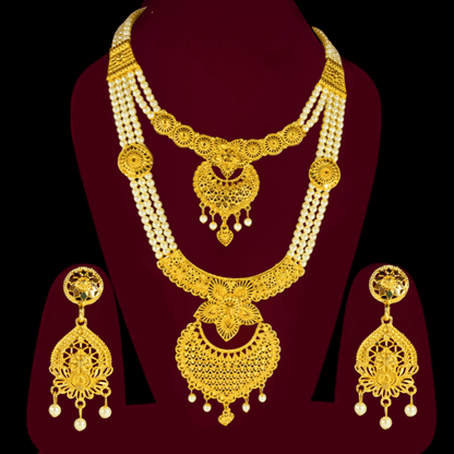 Royal Gold - Plated Pearl Bridal Necklace Set | Traditional Multi - Layered Indian Jewelry with Earrings - Roop Vibe