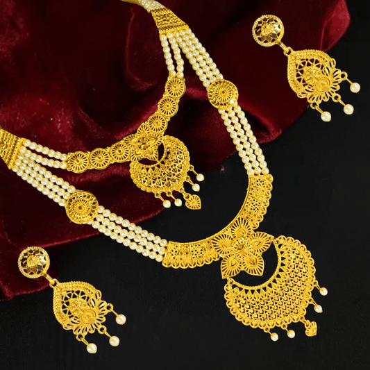 Royal Gold - Plated Pearl Bridal Necklace Set | Traditional Multi - Layered Indian Jewelry with Earrings - Roop Vibe