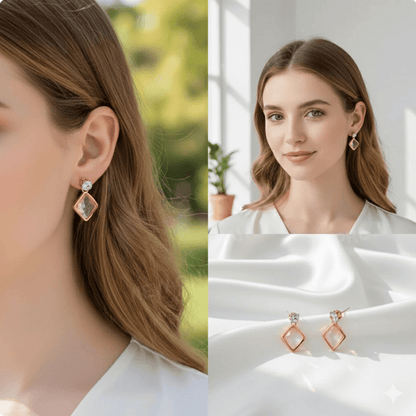 Stylish Gold - Plated Diamond - Shaped Drop Earrings for Women and Girls | Trendy Peach Stone & Crystal Design - Roop Vibe