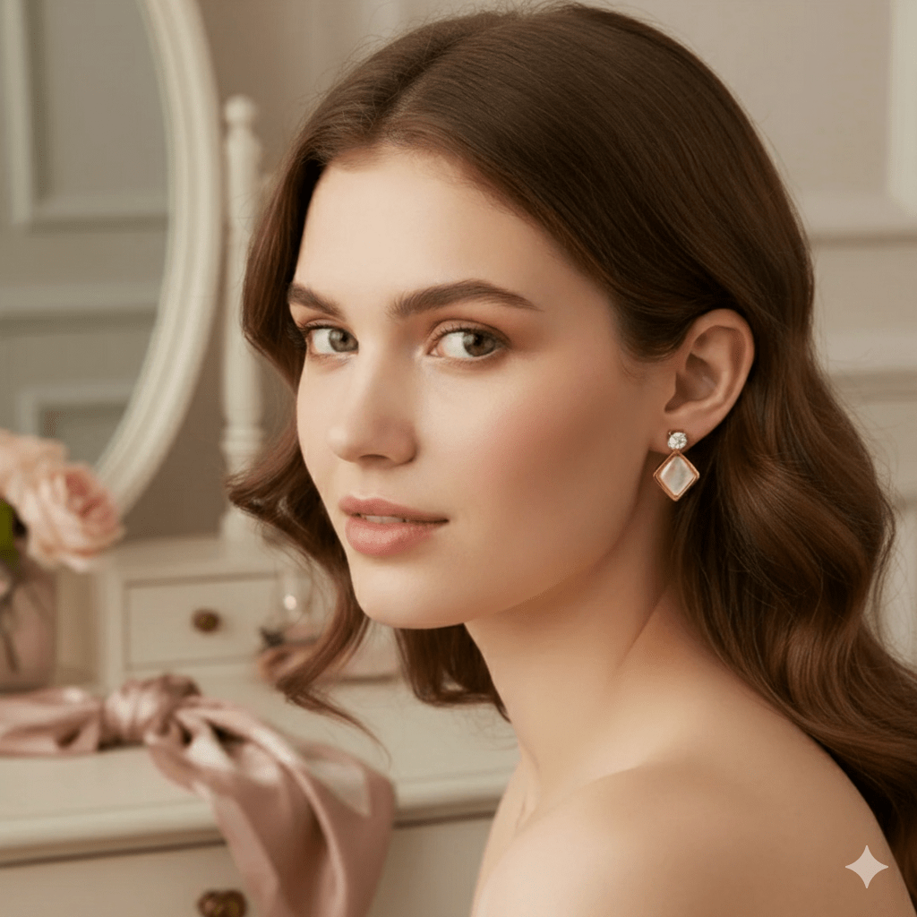 Stylish Gold - Plated Diamond - Shaped Drop Earrings for Women and Girls | Trendy Peach Stone & Crystal Design - Roop Vibe