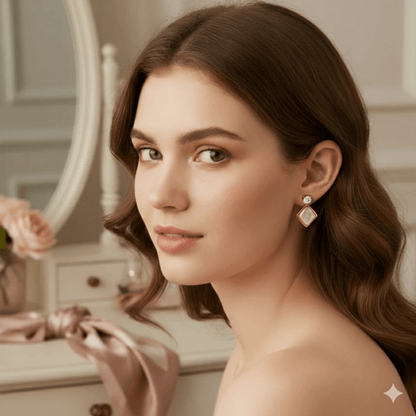 Stylish Gold - Plated Diamond - Shaped Drop Earrings for Women and Girls | Trendy Peach Stone & Crystal Design - Roop Vibe