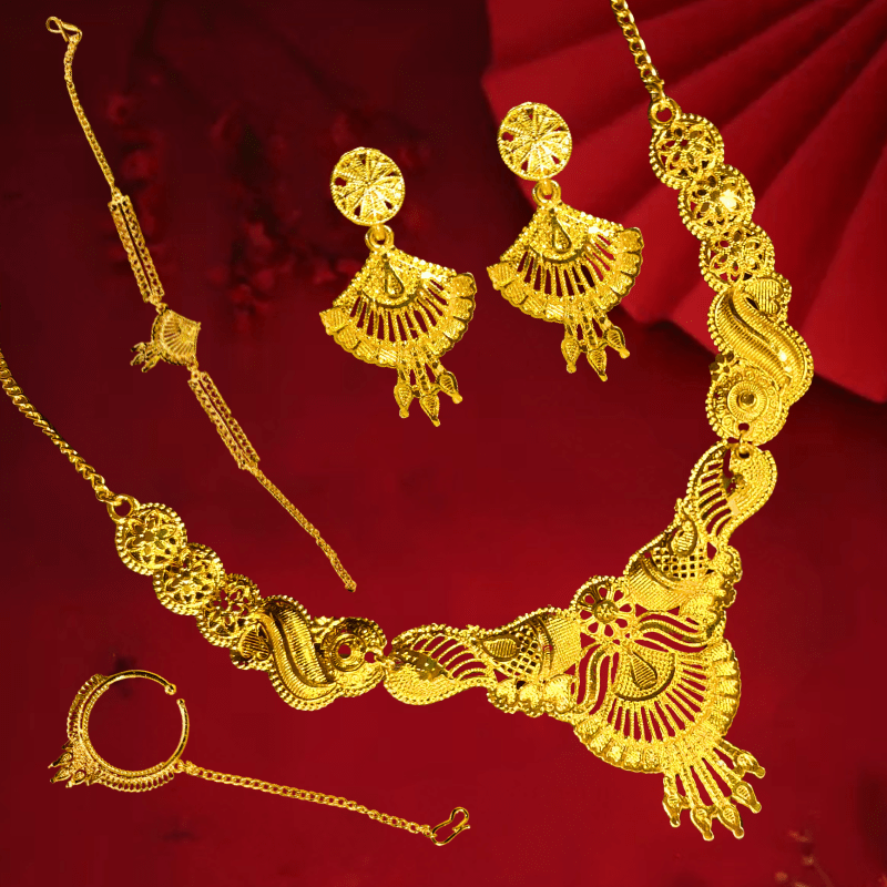 Traditional Gold Plated Bridal Jewellery Set for Women - Necklace, Earrings, Maang Tikka, Bangles & Bracelet - Roop Vibe