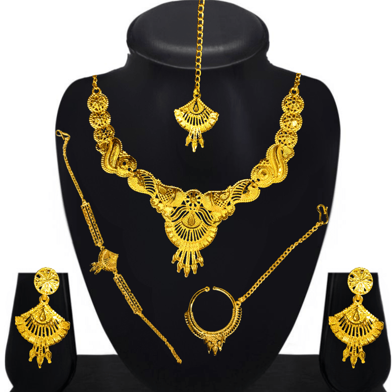 Traditional Gold Plated Bridal Jewellery Set for Women - Necklace, Earrings, Maang Tikka, Bangles & Bracelet - Roop Vibe