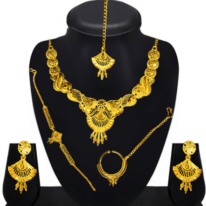 Traditional Gold Plated Bridal Jewellery Set for Women - Necklace, Earrings, Maang Tikka, Bangles & Bracelet - Roop Vibe