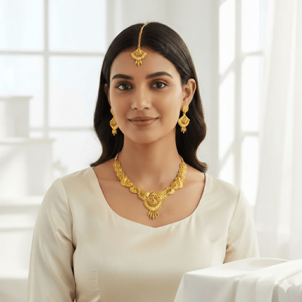 Traditional Gold Plated Bridal Jewellery Set for Women - Necklace, Earrings, Maang Tikka, Bangles & Bracelet - Roop Vibe