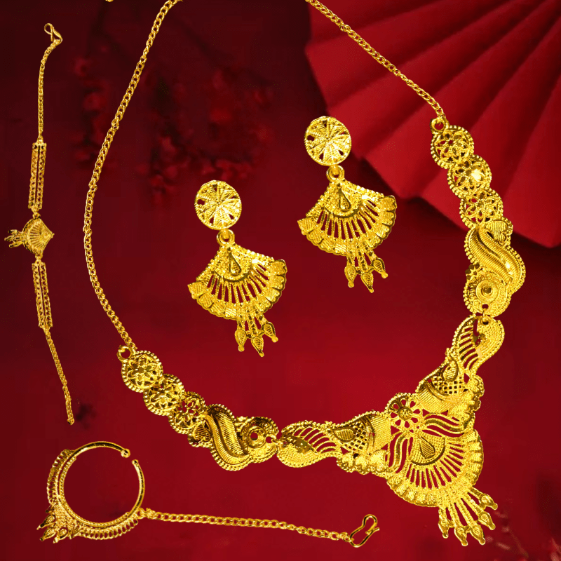 Traditional Gold Plated Bridal Jewellery Set for Women - Necklace, Earrings, Maang Tikka, Bangles & Bracelet - Roop Vibe