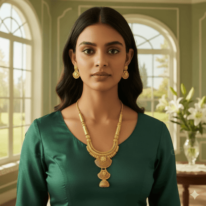 Traditional Gold Plated Bridal Necklace Set with Earrings | Antique Temple Design Jewelry - Roop Vibe