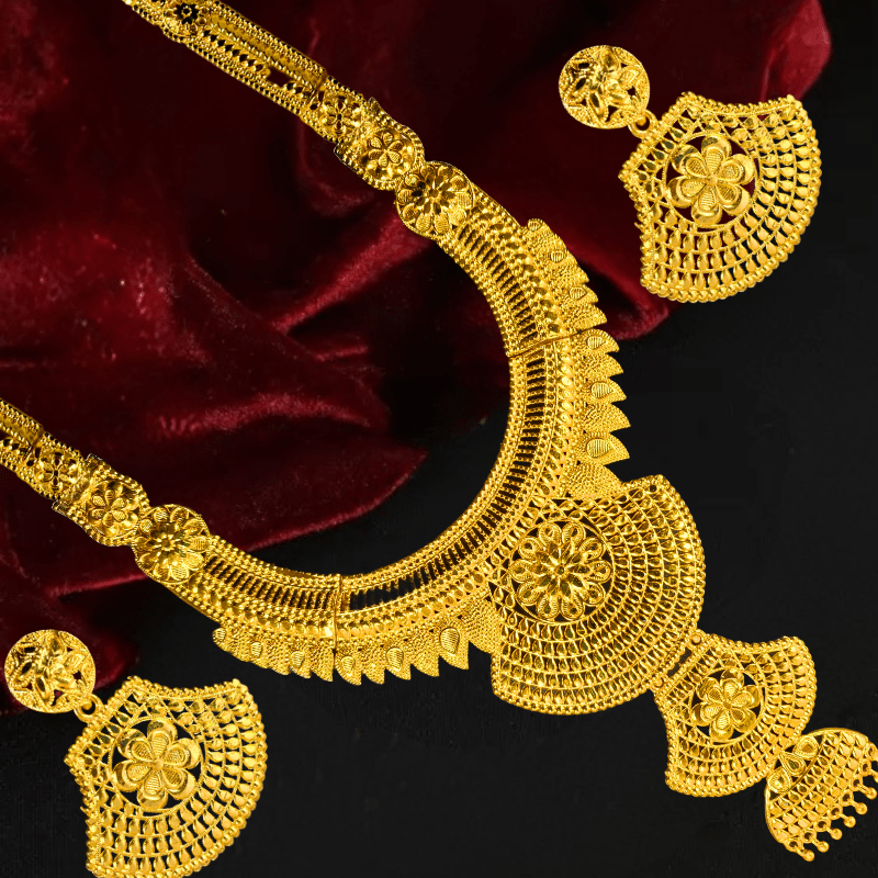 Traditional Gold Plated Bridal Necklace Set with Earrings | Antique Temple Design Jewelry - Roop Vibe