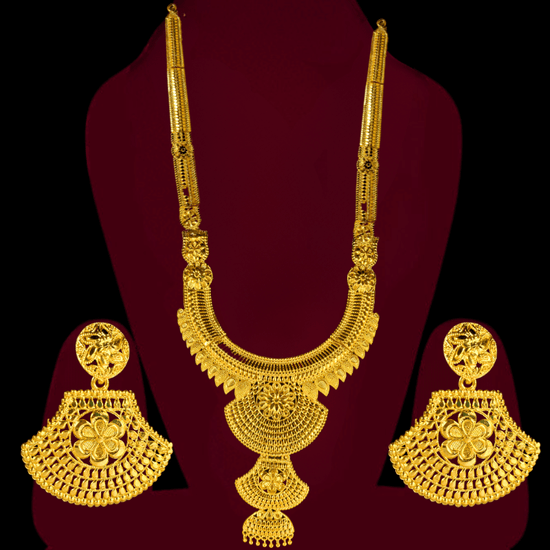 Traditional Gold Plated Bridal Necklace Set with Earrings | Antique Temple Design Jewelry - Roop Vibe