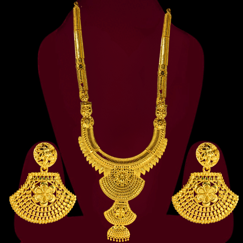 Traditional Gold Plated Bridal Necklace Set with Earrings | Antique Temple Design Jewelry - Roop Vibe