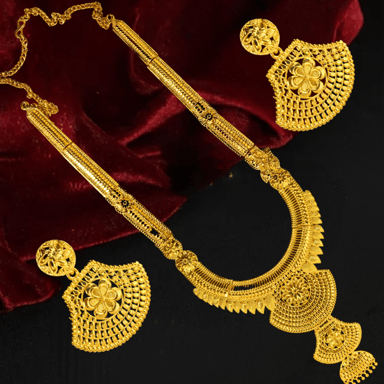 Traditional Gold Plated Bridal Necklace Set with Earrings | Antique Temple Design Jewelry - Roop Vibe