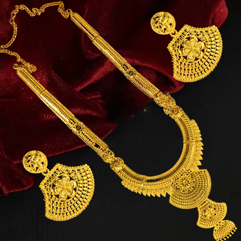 Traditional Gold Plated Bridal Necklace Set with Earrings | Antique Temple Design Jewelry - Roop Vibe