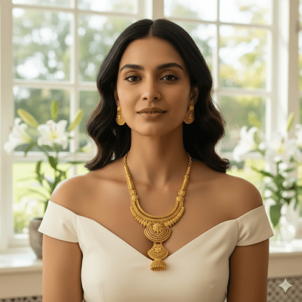 Traditional Gold Plated Bridal Necklace Set with Earrings | Antique Temple Design Jewelry - Roop Vibe