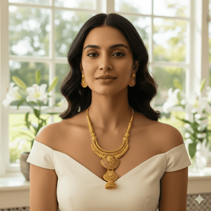 Traditional Gold Plated Bridal Necklace Set with Earrings | Antique Temple Design Jewelry - Roop Vibe