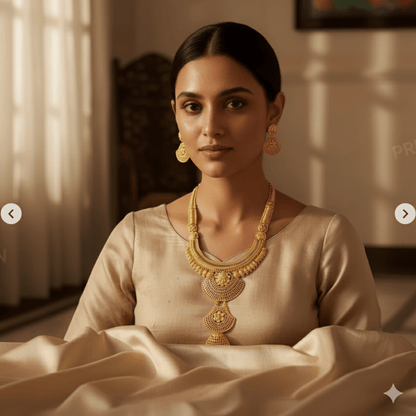 Traditional Gold Plated Bridal Necklace Set with Earrings | Antique Temple Design Jewelry - Roop Vibe