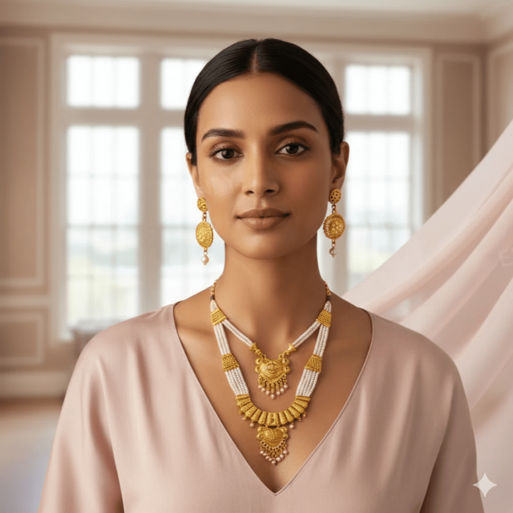 Traditional Gold Plated Bridal Pearl Layered Necklace Set with Earrings for Women & Girls - Roop Vibe