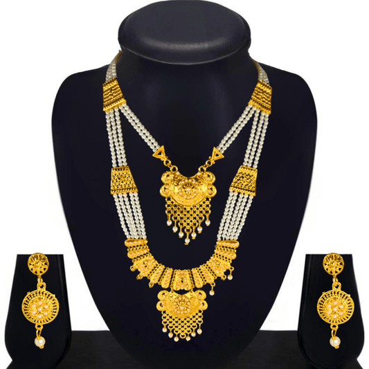 Traditional Gold Plated Bridal Pearl Layered Necklace Set with Earrings for Women & Girls - Roop Vibe