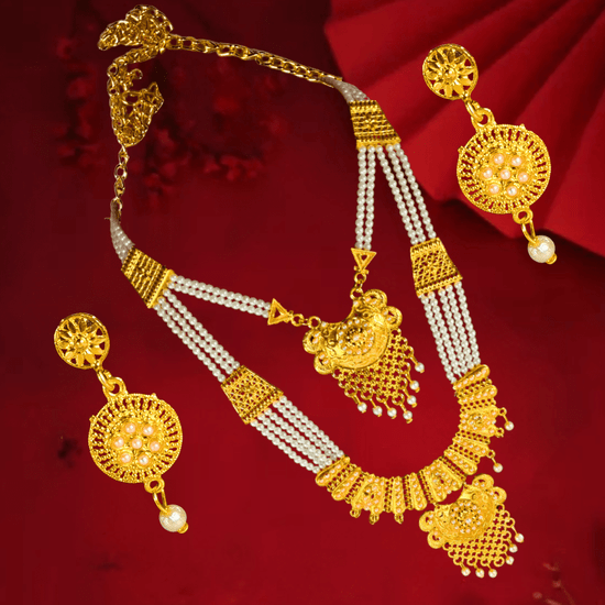 Traditional Gold Plated Bridal Pearl Layered Necklace Set with Earrings for Women & Girls - Roop Vibe
