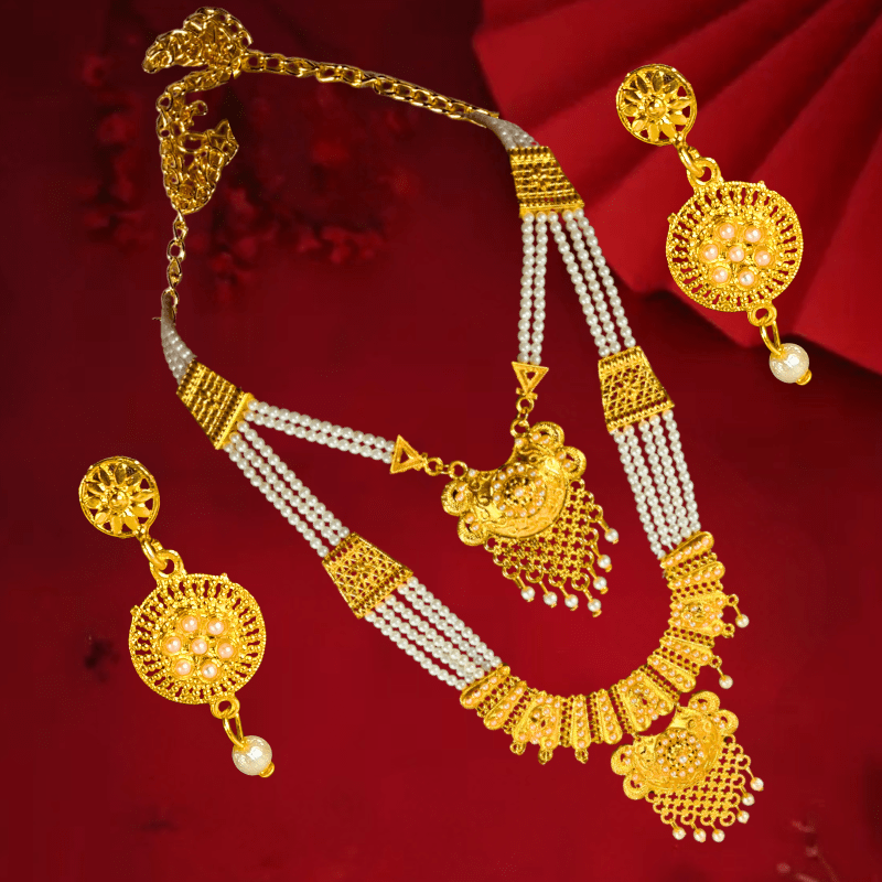Traditional Gold Plated Bridal Pearl Layered Necklace Set with Earrings for Women & Girls - Roop Vibe