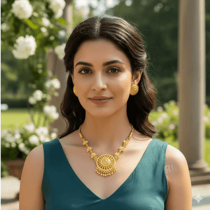 Traditional Gold Plated Floral Necklace Set for Women & Girls | Ethnic Bridal Jewelry Set with Earrings - Roop Vibe