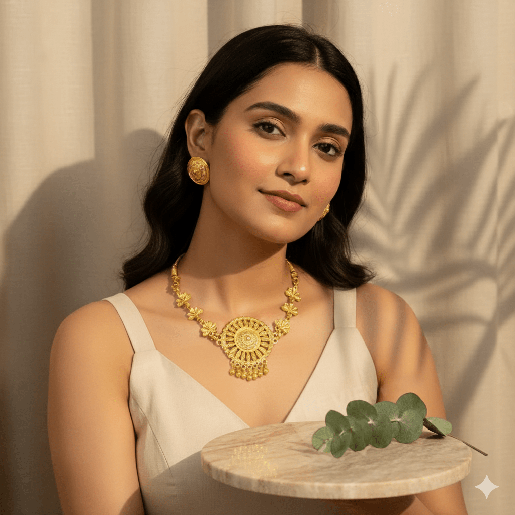 Traditional Gold Plated Floral Necklace Set for Women & Girls | Ethnic Bridal Jewelry Set with Earrings - Roop Vibe