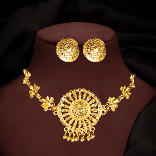 Traditional Gold Plated Floral Necklace Set for Women & Girls | Ethnic Bridal Jewelry Set with Earrings - Roop Vibe