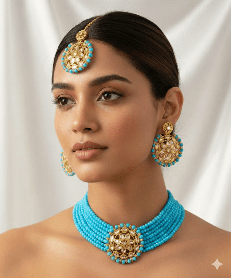 Traditional Gold Plated Kundan & Turquoise Beads Choker Necklace Set with Earrings & Maang Tikka for Women - Roop Vibe
