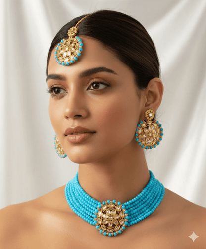 Traditional Gold Plated Kundan & Turquoise Beads Choker Necklace Set with Earrings & Maang Tikka for Women - Roop Vibe