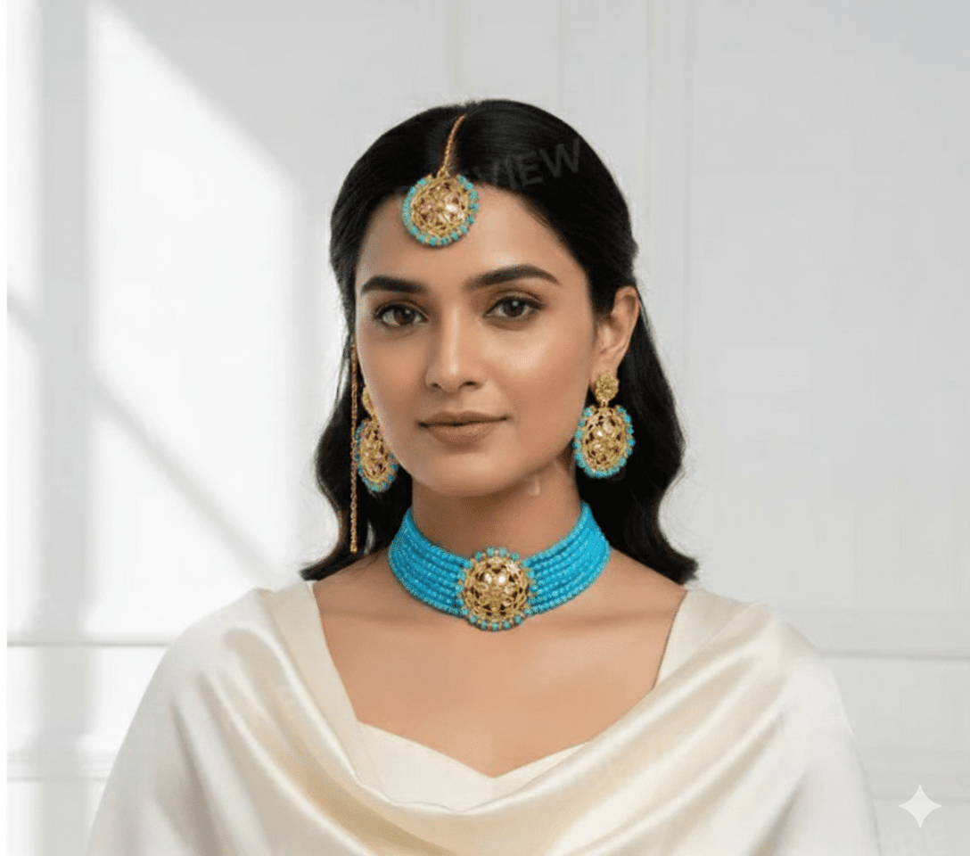 Traditional Gold Plated Kundan & Turquoise Beads Choker Necklace Set with Earrings & Maang Tikka for Women - Roop Vibe