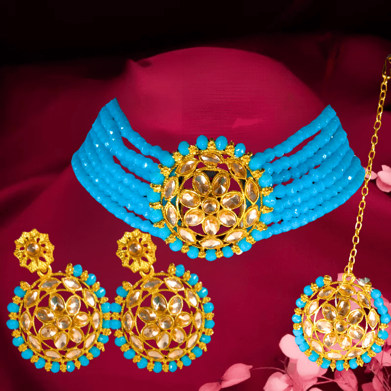 Traditional Gold Plated Kundan & Turquoise Beads Choker Necklace Set with Earrings & Maang Tikka for Women - Roop Vibe