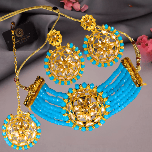 Traditional Gold Plated Kundan & Turquoise Beads Choker Necklace Set with Earrings & Maang Tikka for Women - Roop Vibe