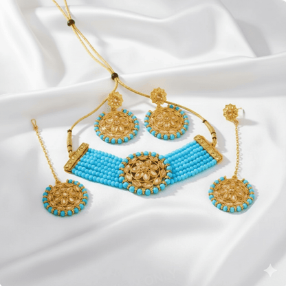 Traditional Gold Plated Kundan & Turquoise Beads Choker Necklace Set with Earrings & Maang Tikka for Women - Roop Vibe