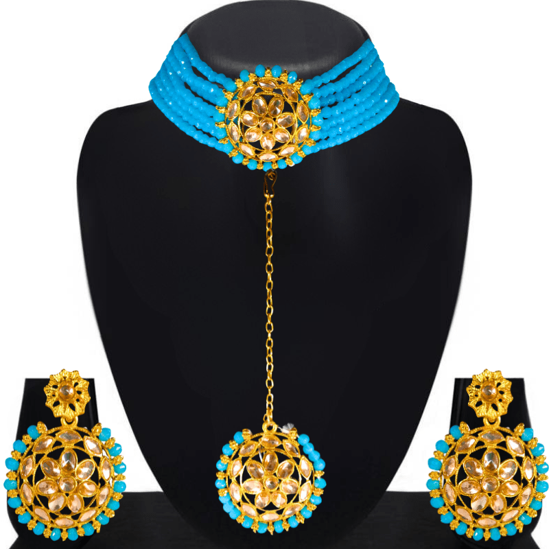 Traditional Gold Plated Kundan & Turquoise Beads Choker Necklace Set with Earrings & Maang Tikka for Women - Roop Vibe