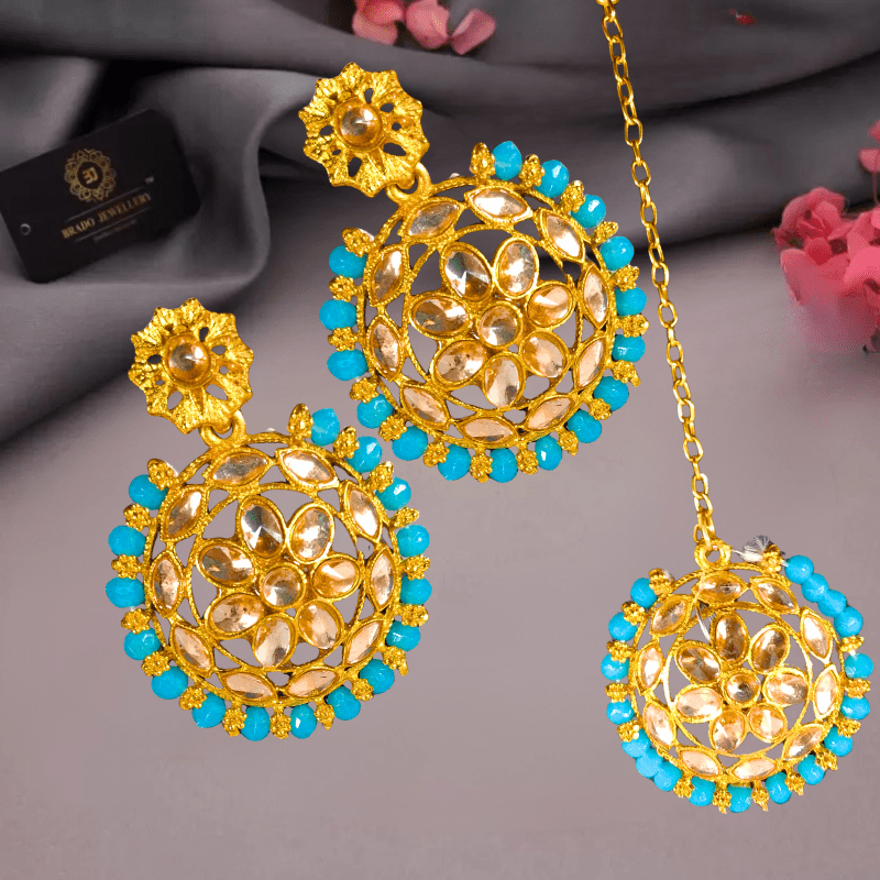 Traditional Gold Plated Kundan & Turquoise Beads Choker Necklace Set with Earrings & Maang Tikka for Women - Roop Vibe