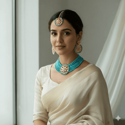 Traditional Gold Plated Kundan & Turquoise Beads Choker Necklace Set with Earrings & Maang Tikka for Women - Roop Vibe