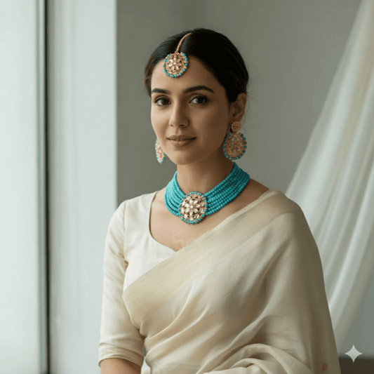 Traditional Gold Plated Kundan & Turquoise Beads Choker Necklace Set with Earrings & Maang Tikka for Women - Roop Vibe
