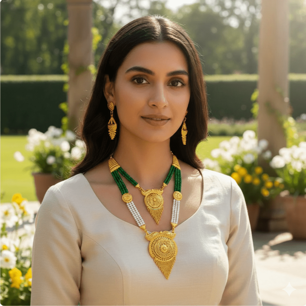 Traditional Gold Plated Necklace Set with Earrings for Women | Ethnic Bridal Jewelry Set | Green & White Beaded Design - Roop Vibe