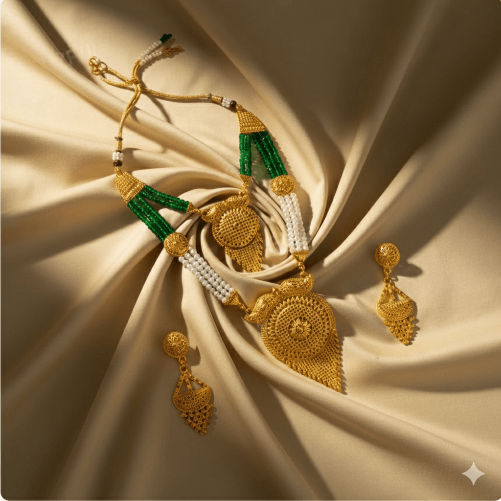 Traditional Gold Plated Necklace Set with Earrings for Women | Ethnic Bridal Jewelry Set | Green & White Beaded Design - Roop Vibe