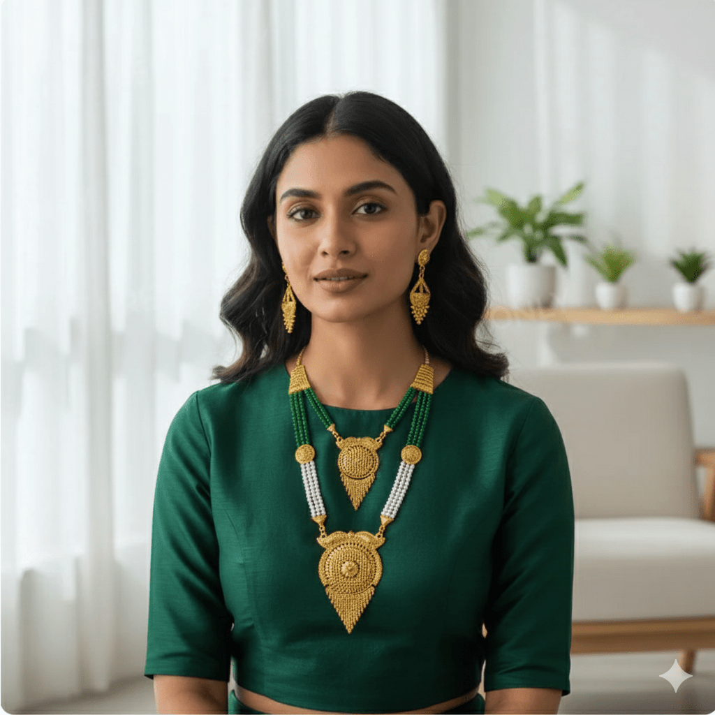 Traditional Gold Plated Necklace Set with Earrings for Women | Ethnic Bridal Jewelry Set | Green & White Beaded Design - Roop Vibe