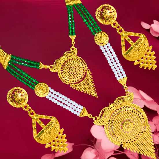 Traditional Gold Plated Necklace Set with Earrings for Women | Ethnic Bridal Jewelry Set | Green & White Beaded Design - Roop Vibe
