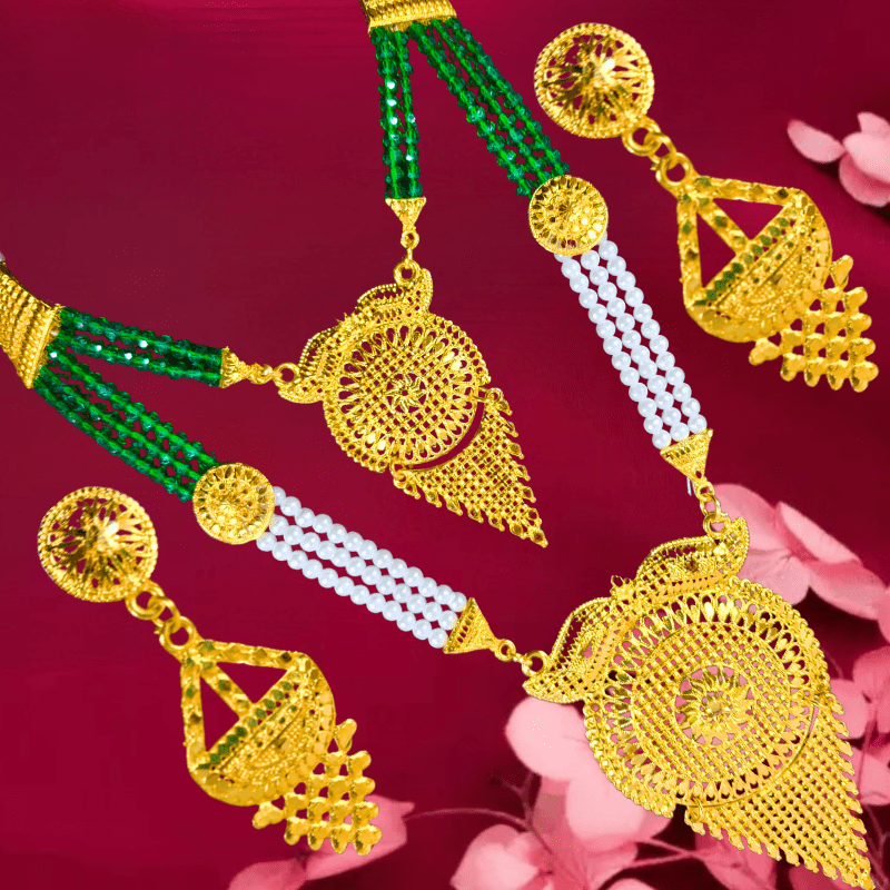 Traditional Gold Plated Necklace Set with Earrings for Women | Ethnic Bridal Jewelry Set | Green & White Beaded Design - Roop Vibe