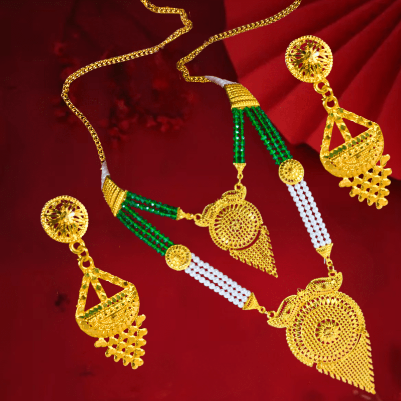 Traditional Gold Plated Necklace Set with Earrings for Women | Ethnic Bridal Jewelry Set | Green & White Beaded Design - Roop Vibe
