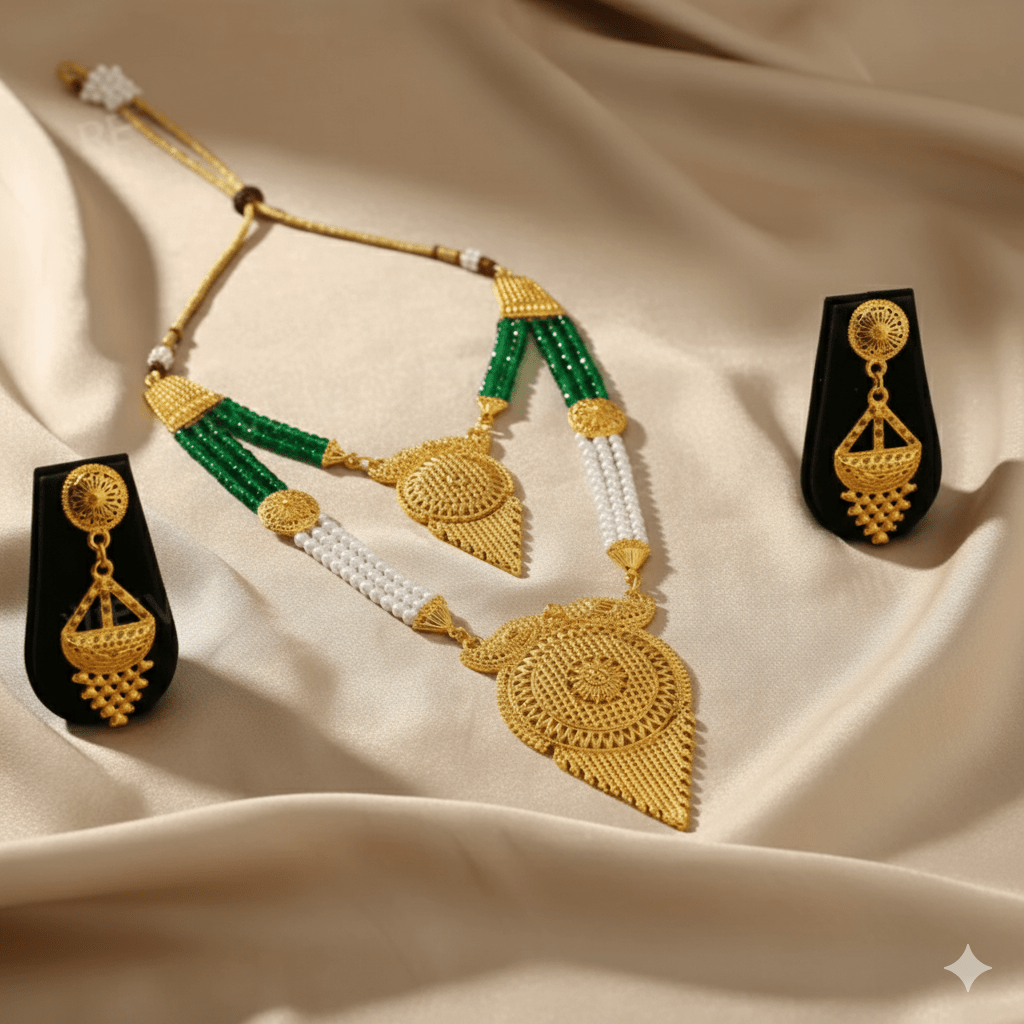 Traditional Gold Plated Necklace Set with Earrings for Women | Ethnic Bridal Jewelry Set | Green & White Beaded Design - Roop Vibe