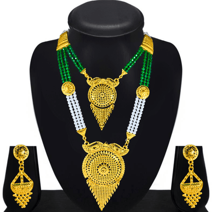 Traditional Gold Plated Necklace Set with Earrings for Women | Ethnic Bridal Jewelry Set | Green & White Beaded Design - Roop Vibe