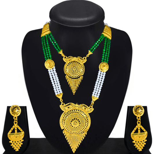 Traditional Gold Plated Necklace Set with Earrings for Women | Ethnic Bridal Jewelry Set | Green & White Beaded Design - Roop Vibe