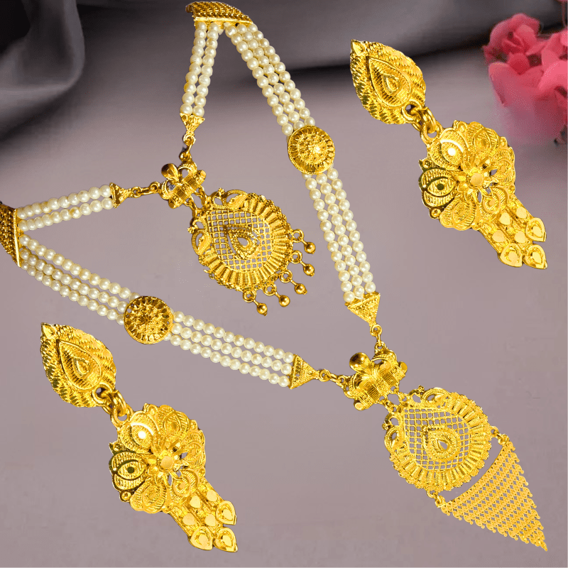 Traditional Gold - Plated Pearl Beaded Necklace Set with Earrings for Women | Bridal Wedding Jewelry - Roop Vibe