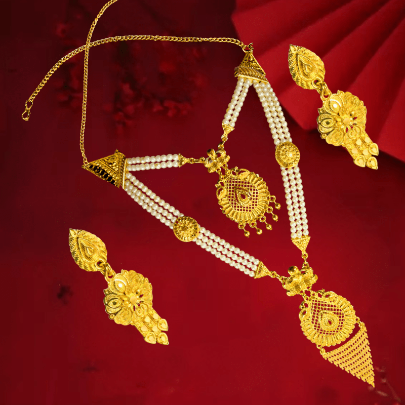 Traditional Gold - Plated Pearl Beaded Necklace Set with Earrings for Women | Bridal Wedding Jewelry - Roop Vibe
