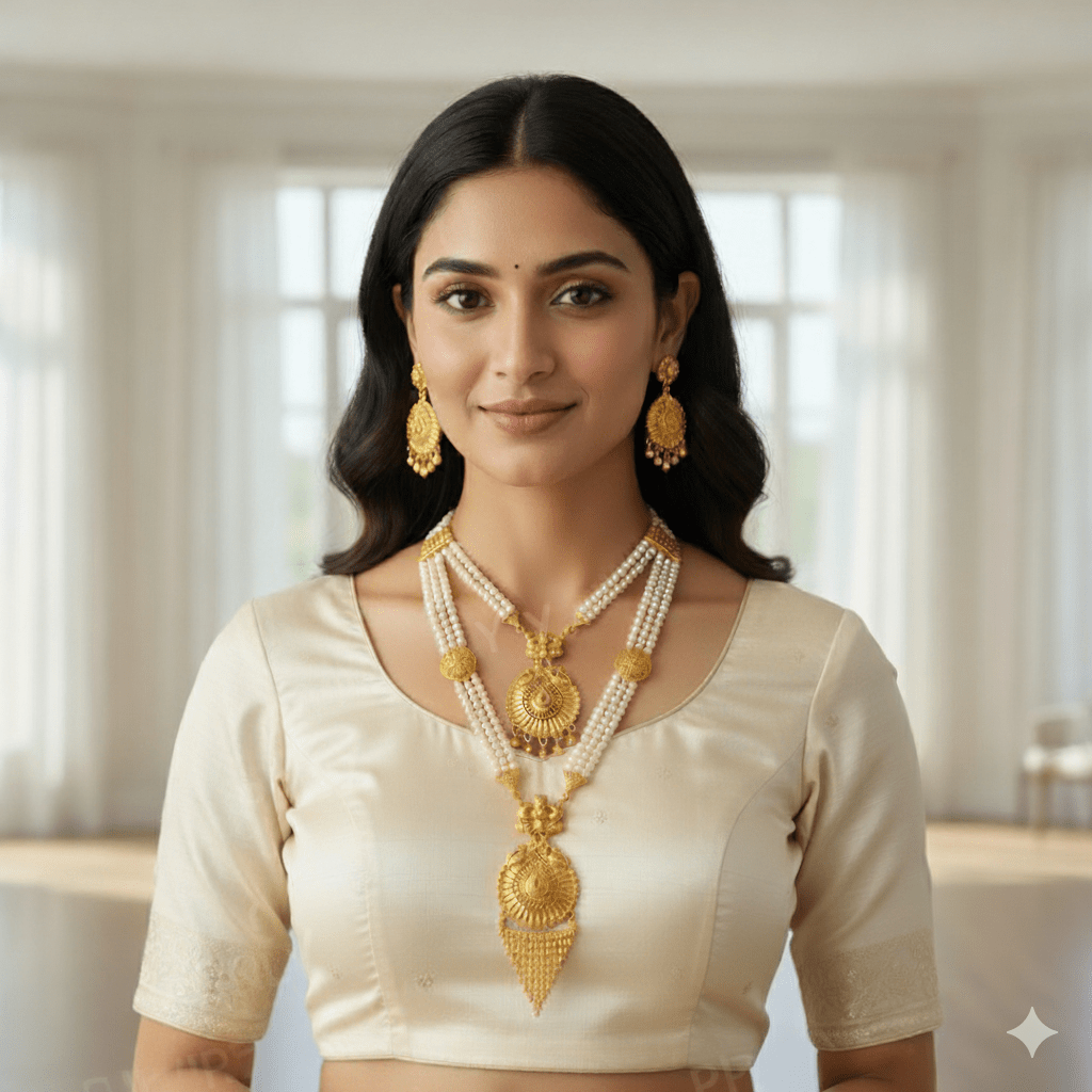 Traditional Gold - Plated Pearl Beaded Necklace Set with Earrings for Women | Bridal Wedding Jewelry - Roop Vibe