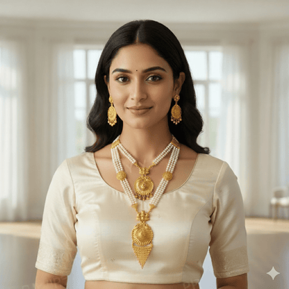 Traditional Gold - Plated Pearl Beaded Necklace Set with Earrings for Women | Bridal Wedding Jewelry - Roop Vibe