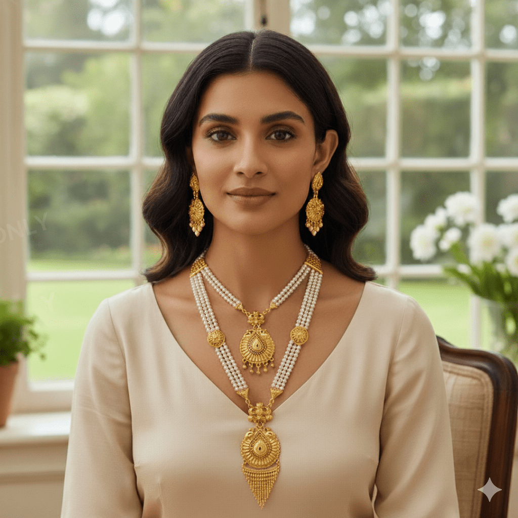 Traditional Gold - Plated Pearl Beaded Necklace Set with Earrings for Women | Bridal Wedding Jewelry - Roop Vibe